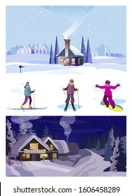 Set of winter activities. Flat vector illustrations of people skiing, snowboarding. Winter leisure concept for banner, website design or landing web page
