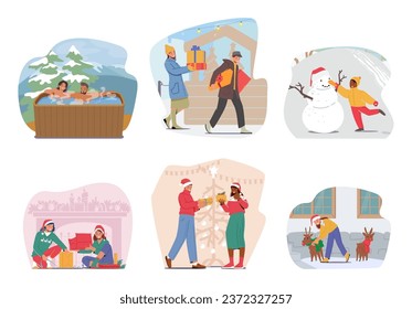 Set Winter Activities and Routines. Characters Relax in Outdoor Baths, Buying Holiday Gifts, Decorate House Yard and Giving Christmas Presents. Child Making Snowman, Cartoon People Vector Illustration