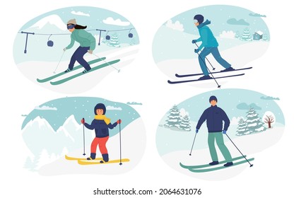 set of Winter activities. Vector illustration of happy cartoon skiers people in winter landscape. Isolated on white. man, woman child skiing. flat collaction