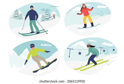 set of Winter activities. Vector illustration of happy cartoon skiers people snowboarders, in winter landscape. Isolated on white. man, woman child skiing. flat collaction