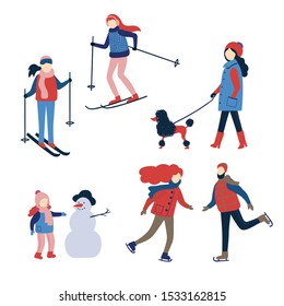 Set of winter activity. People involved in winter sport. Vector illustration of skater, skier, playing kid