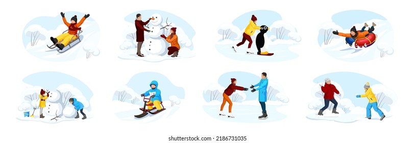Set of winter activity story. People enjoy of snowy season, skating on ice, sliding down the hill on tubing, snow scooter, sledging on sled. Man, woman, kid, child making snowman. Vector
