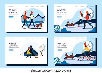 Set of winter activity web banners. The concept of an active and healthy lifestyle.