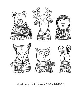 Set with Winter Animals. Black and white.