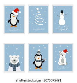 Set of winter animals with calligraphy lettering wishes. Vector cards of penguin, kitty and bunny. Merry Christmas card with penguin holding red heart