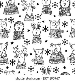 Set with Winter Animals seamless pattern.