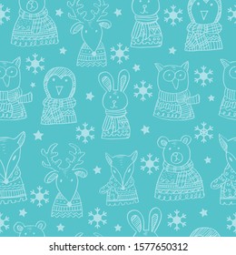  Set with Winter Animals seamless pattern.