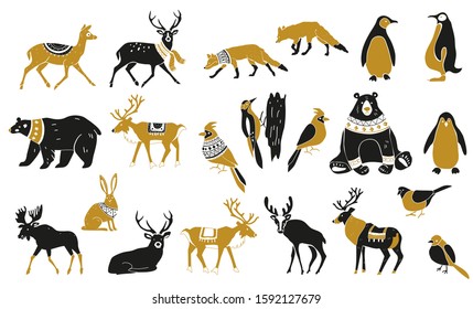 Set of winter animals silhouettes. Set of Christmas Scandinavian elements.  Nordic retro design. Isolated vector illustration objects. Forest wild animals and birds. Hand drawn illustration.