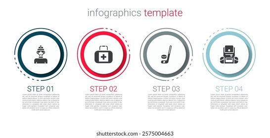 Set Winter athlete, First aid kit, Ice hockey stick and puck and Hiking backpack. Business infographic template. Vector