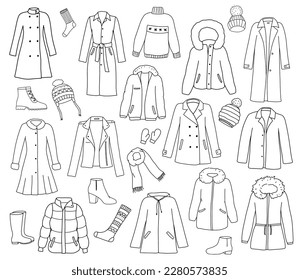 Set of winter and autumn clothes and shoes. Doodle coat, jumper, hat and down jacket. Outline illustrations isolated on white