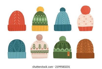 Set of winter or autumn hats flat design vector