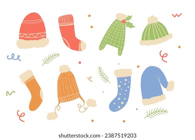 Set of winter or autumn hats flat design vector. Cartoon  silhouette knitted cap hat clothes Merry christmas new year seasonal warm wool decorated with pom pom, snowflake set collection, mistletoe.