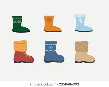 Conjunto de zapatos de invierno y otoño de diferente tipo y color, zapatos de moda brillante ilustración vectorial