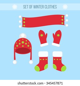  Set of winter baby clothes in flat style - hat, scarf, mittens and socks.