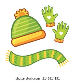 Set winter baby clothes on a white background. Vector illustration with green hat gloves and scarf in cartoon style.