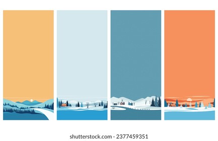 Set of winter background for phone. Winter background for stories. Winter landscape vertical collection. Vector illustration.