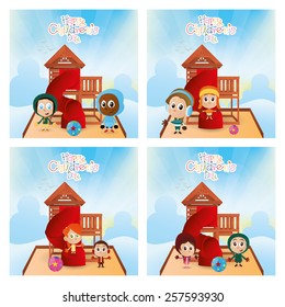 a set of winter backgrounds with children, text and toys