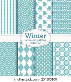Set of winter backgrounds. Collection of seamless patterns with pale blue and white colors. Vector illustration.