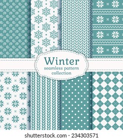 Set of winter backgrounds. Collection of seamless patterns with blue and white colors. Vector illustration.