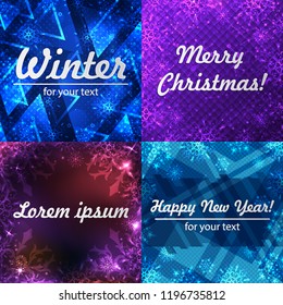 Set winter backgrounds. Winter frame with snowflakes. Christmas Greeting Card. New Year background with space for your text. Winter template. Christmas backdrop. New Year flyer.
