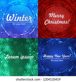 Set winter backgrounds. Winter frame with snowflakes. Christmas Greeting Card. New Year background with space for your text. Winter template. Christmas backdrop. New Year flyer.