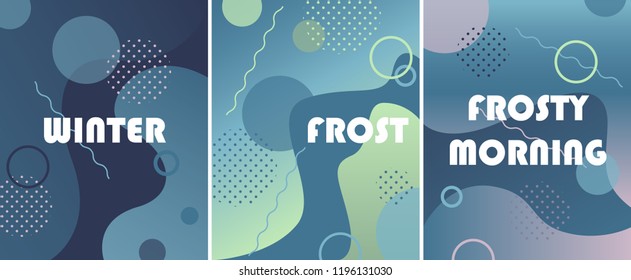 Set of winter backgrounds with gradients,shapes and geometric elements in memphis style.Abstract posters perfect for prints,flyers,banners,invitations,special offer and more. Blue, green and violet