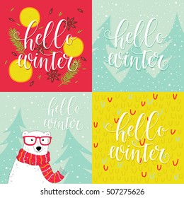 Set of winter backgrounds with Hello winter lettering. Cozy winter illustrations.
