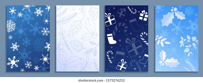 Set of Winter backgrounds with leaves, cones and snowflakes for shopping sale or promo poster and frame leaflet or web banner and social media. Vector illustration