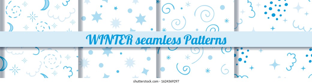 Set of winter backgrounds. Seamless pattern with winter elements: stars, clouds, spirals, moon, snowflakes. Endless texture for seasonal design. For fabric, wallpaper, cards, invitations, print.