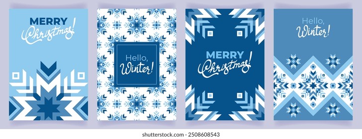 A set of winter backgrounds with snowflakes, pattern, frame and handwritten inscription. Beautiful elegant flyer with ornaments in scandinavian style. Postcard, price tag, tag, cover.