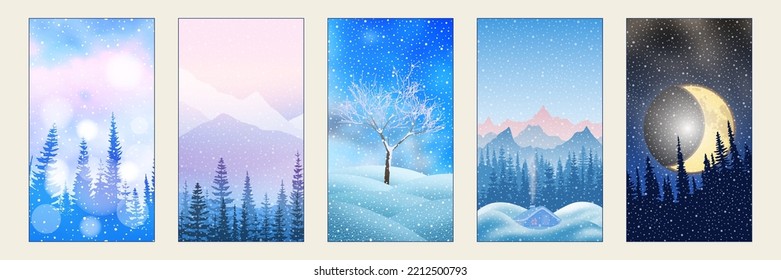 Set of winter backgrounds for social media stories. Vertical banner and wallpaper for phone.