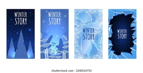 Set of winter backgrounds for social media stories. Colorful magic winter banners with snowy ice scenes. Editable Stories vector template pack 16:9. Banner background, website, mobile app, posters