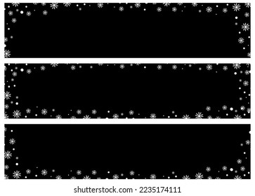 Set of winter banners with black background and white snowflakes. Vector illustration