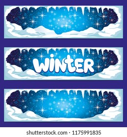 Set of winter banners with icicles and snow on a blue background.