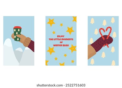 Set of winter  banners, poster.A hand in mittens holds a cup of coffee with with christmas tree design.  Perfect for seasonal promotions, social media posts and store displays.