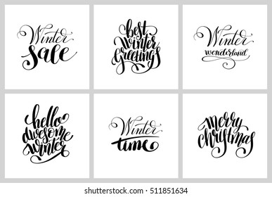set of winter black and white handwritten lettering inscription holiday christmas phrase, typography banner collection with brush script, calligraphy vector illustration