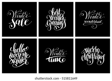 set of winter black and white handwritten lettering inscription holiday christmas phrase, typography banner collection with brush script, calligraphy vector illustration
