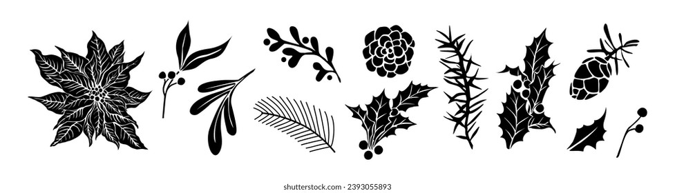 Set of Winter botanical silhouette vector isolated