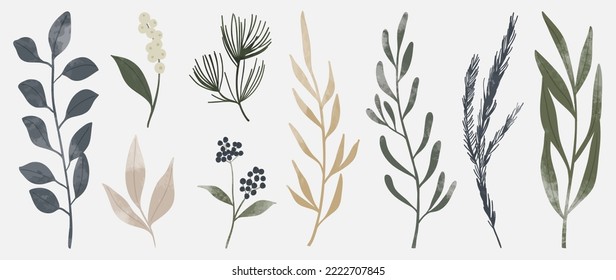 Conjunto de ilustraciones vectoriales de las ramas de color botánico de invierno. Colección de acuarela de invierno silvestre sobre fondo blanco. Diseño para pegatinas, afiches, pancartas, tarjetas, decoración.