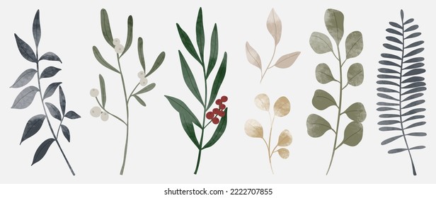 Set von Winter botanischen Aquarellblättern Zweige Hintergrund Vektorgrafik. Sammlung von wasserfarbenem, wildem Blattwerk auf weißem Hintergrund. Design für Aufkleber, Plakat, Banner, Karte, Dekoration.