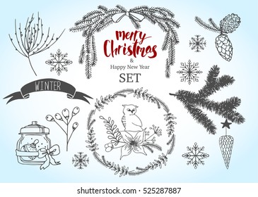 Set winter: bottle, ribbon, pine cone, owl, snowflake, fir branch, bird and lettering Merry Christmas, vector illustration.