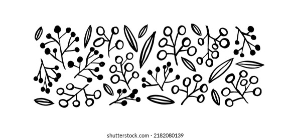 Set of winter branches and berries vector elements. Hand drawn rustic drawing. Line botanical plant clipart. Black outline winter twigs and sprigs. Vector decorative cute collection isolated on white.