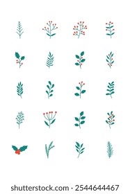 set of winter branches and leaves icons
