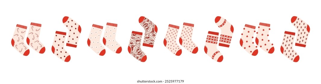 Set of winter bright red Christmas socks. Flat clothing element and attributes of winter celebration with different designs, patterns, colors and patterns. Festive colorful stockings.