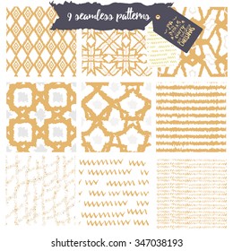 Set of winter bright seamless hand-drawn patterns with trees, lettering, snow and lines. Vector illustration. Can be used for Greeting cards, Scrapbooking, Congratulations, Invitations.