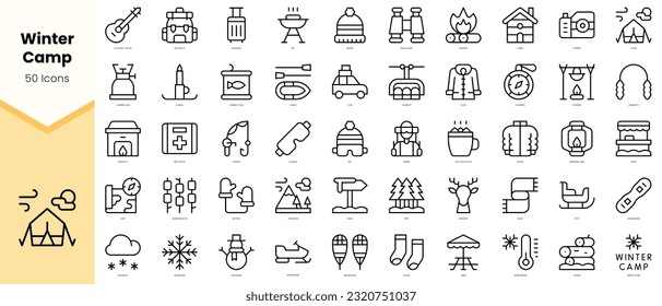 Campo de invierno Icons. Paquete de iconos de estilo de arte de línea simple. Ilustración del vector