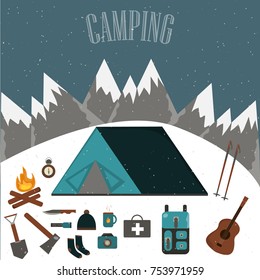 Set for winter camping. Night.Vector illustration.