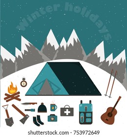 Set for winter camping and recreation. Night.Vector illustration.
