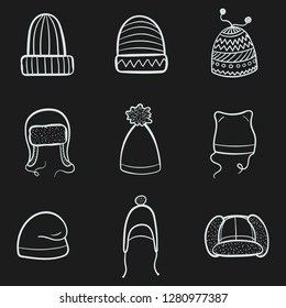 Set of winter caps vector outlined icons in dark background