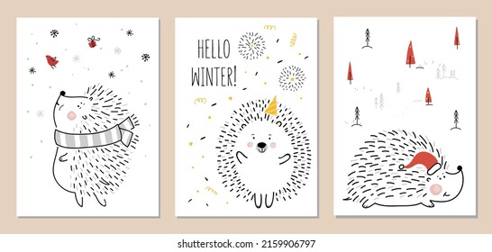 Juego de tarjetas de invierno con un lindo erizo